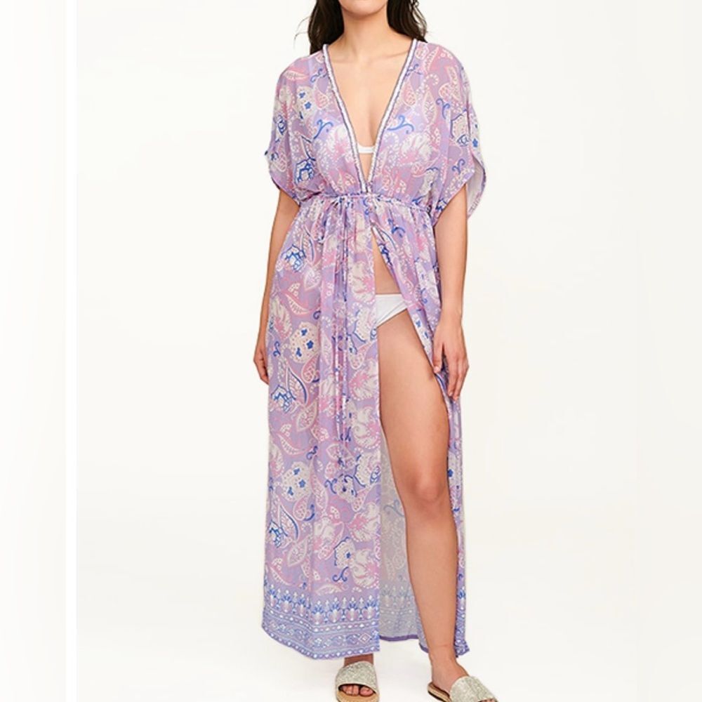 Pia Rossini Sheer Purple Paisley Beach Coverup Beaded & Sequins Details Medium